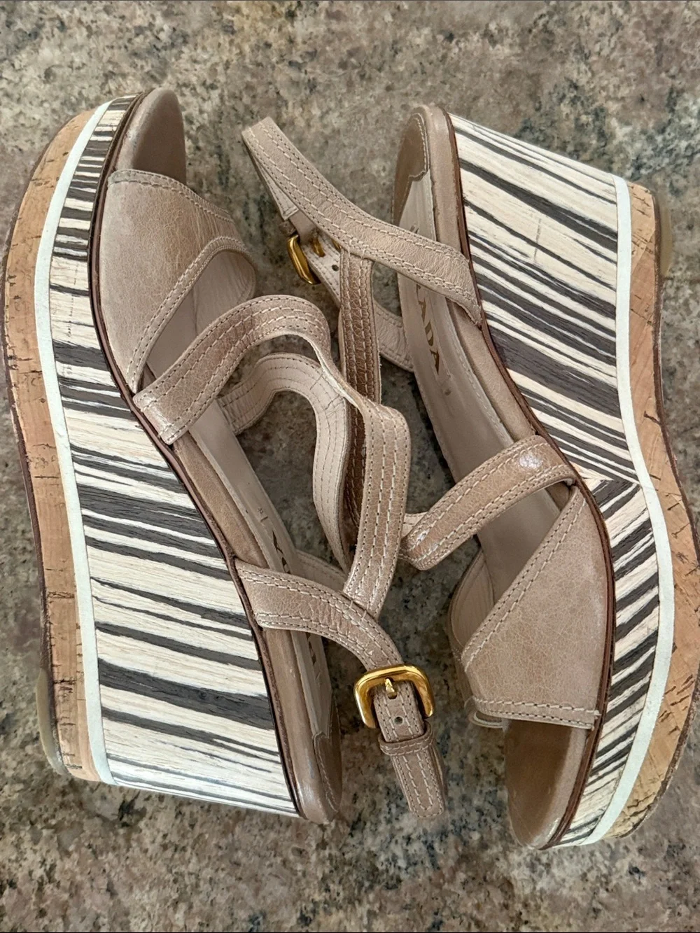 Prada Beige Leather Platform Wedge Sandals Zebra Stripe Cork Slingback 37